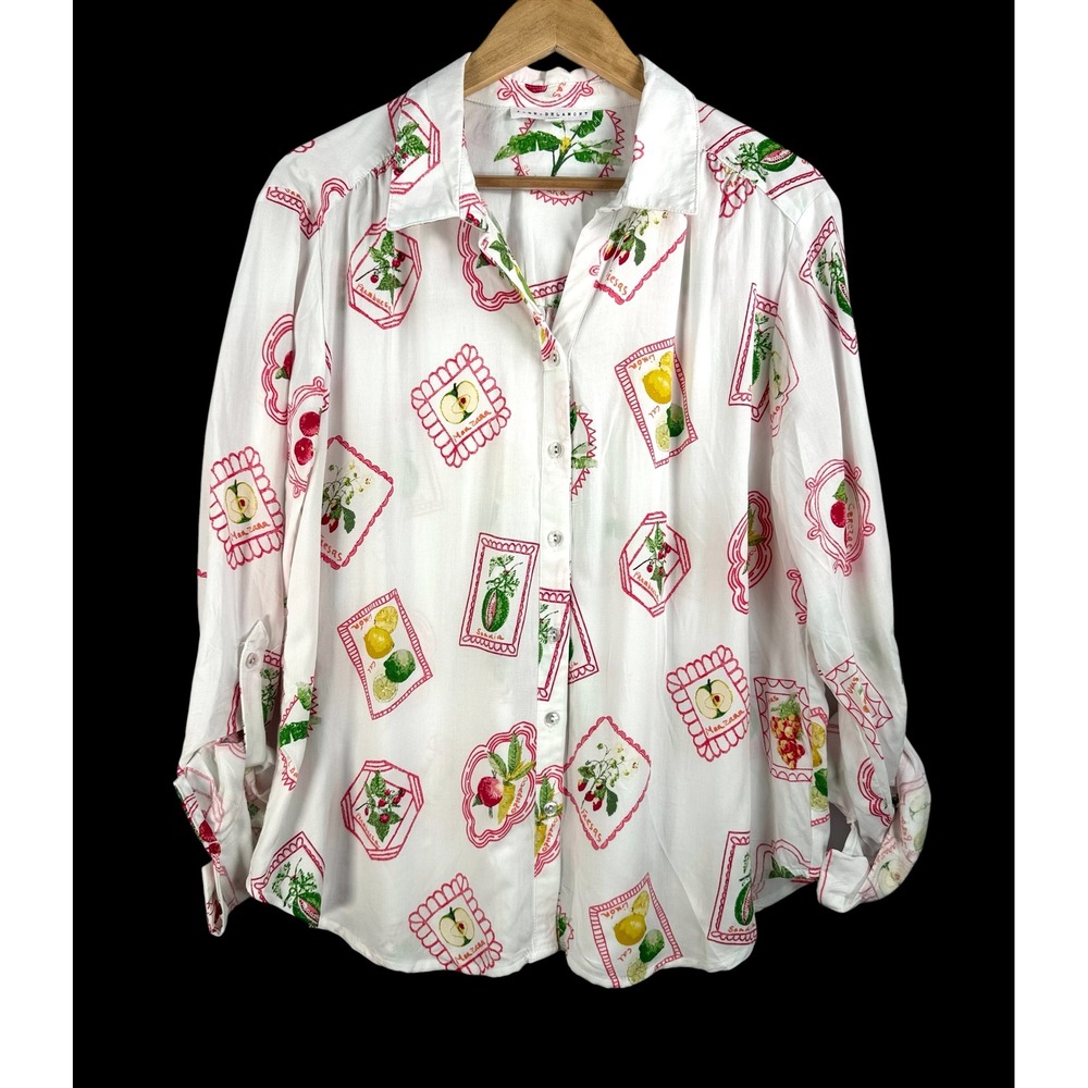 Jane + Delancey Button Down shirt sz XL White Fruit Print Botanical novelty